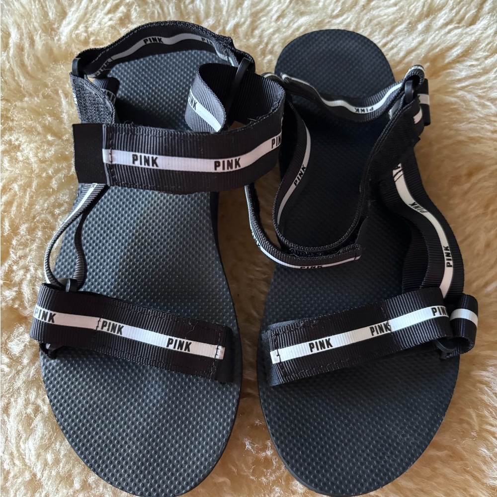 PINK Victoria's Secret Black & White Adjustable Strap Sandals